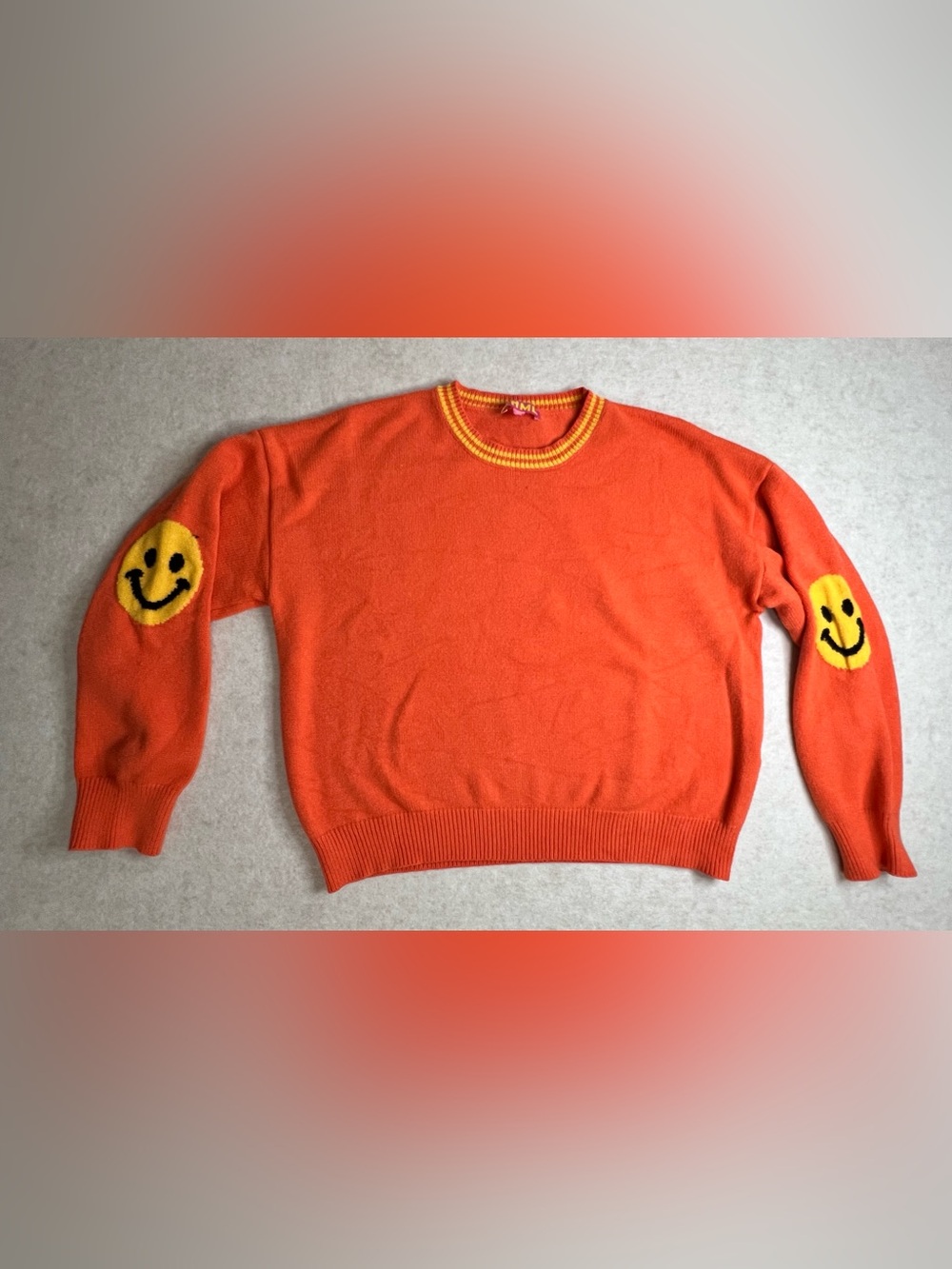 THML Orange Smiley Face Elbow Patch Knit Crewneck Sweater Large